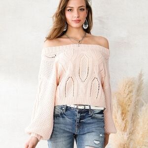Willow & Root Light Pink Open Cable Knit Wide Neck Puff Sleeve Sweater XS